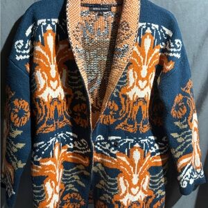 Jealous Tomato Orange and Blue Knit Cardigan Sweater